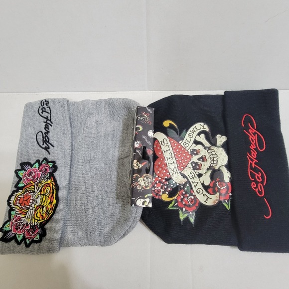 Ed Hardy 2-Pk Knit Beanie Hat Skull Love Kills‎ Tiger Y2K One Sz Embroidered NWT